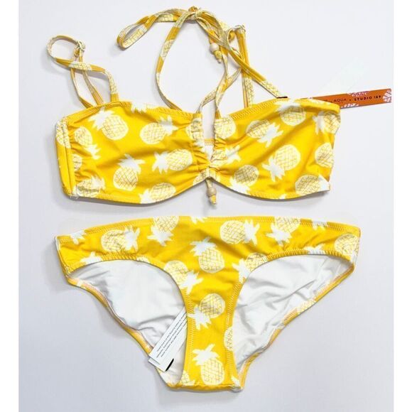 AQUA x Studio 189 Pineapple Bikini Swimwear Medium Yellow White Top and Bottom - Picture 2 of 8